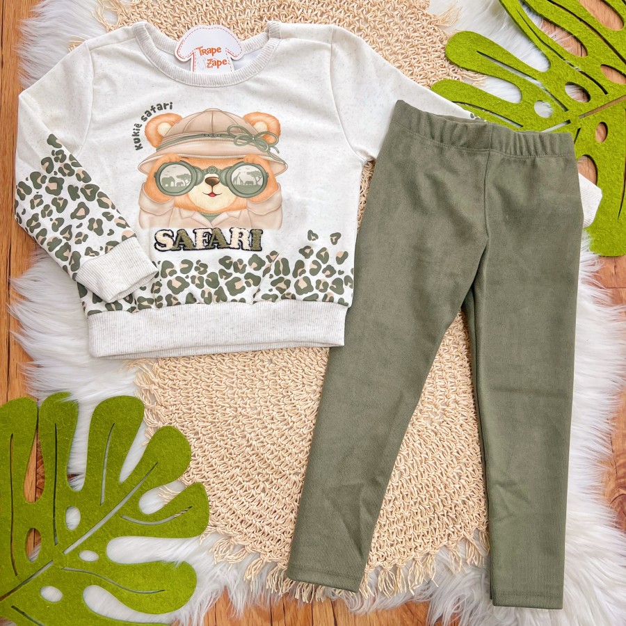 Conj. Casaco Linho com Pelúcia Ursinho Safari e Calça Legging - Areia e Verde Musgo